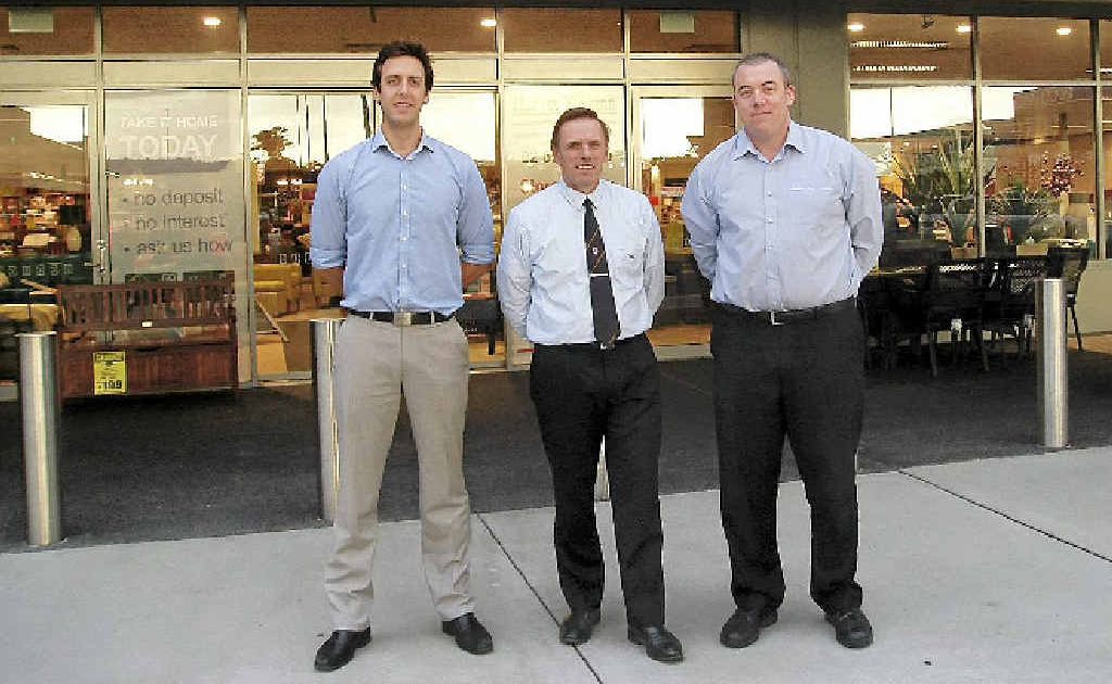 TEAM: Franchisees Sam Thompson, Neil Hollis and Christopher Stewart at the Harvey Norman store in Ballina. TEAM: Franchisees Sam Thompson, Neil Hollis and Christopher Stewart at the Harvey Norman store in Ballina.